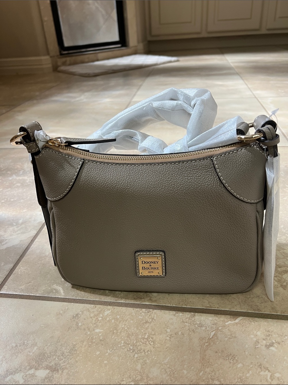 Dooney & Bourke Taupe Pebble Leather Shoulder Bag with Gold Plaque